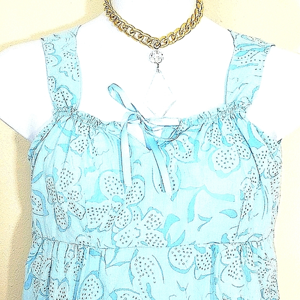 Sleeveless blouse tank top blue floral print FLOWY 100% cotton Square Neck W Tie - Picture 3 of 6